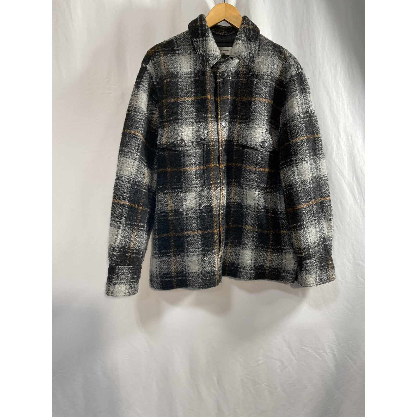 Isabel Marant 'Kervont' Black Polyester Checked Wool-Blend Boucl� Overshirt Size S