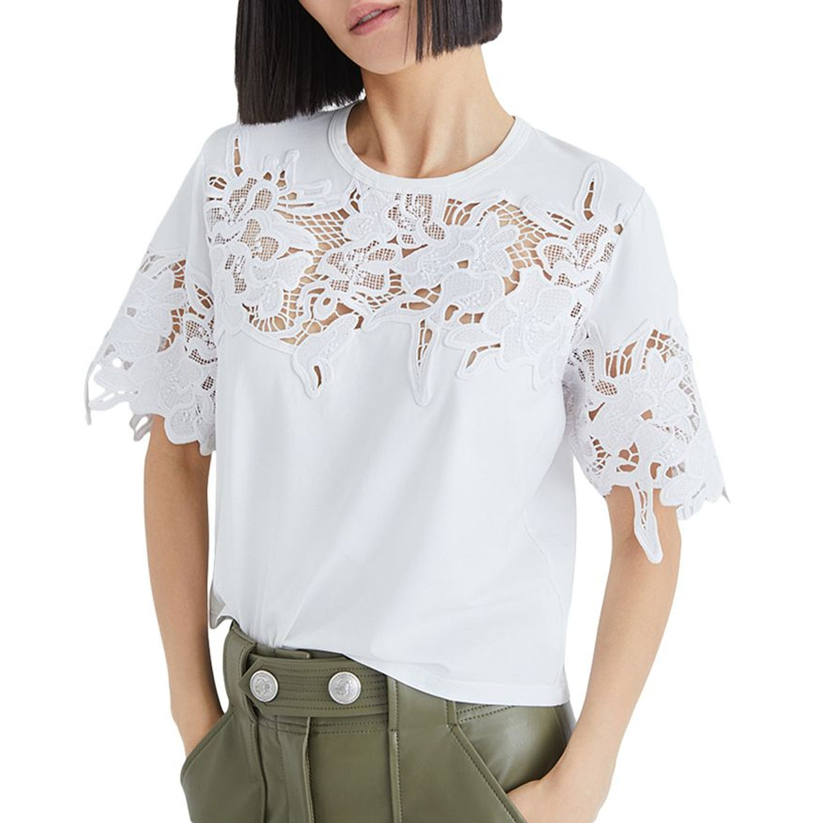 Veronica Beard 'Carnaby' White Cotton Lace Inset Tee Size M