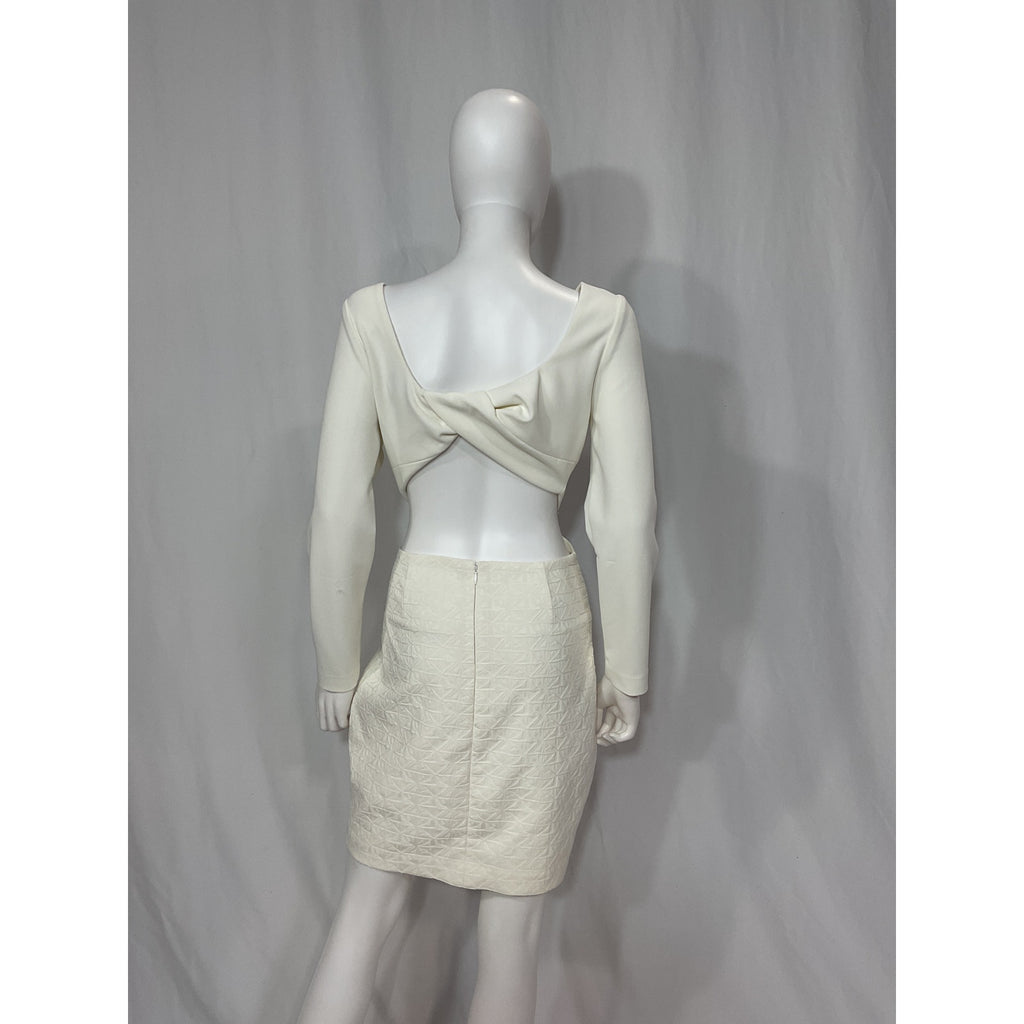 One33 'Social' White Jacquard Crepe Blend Open Back Twist Detail Boatneck Blouse Size 8