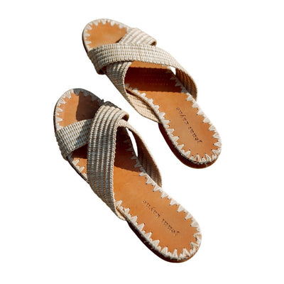Jenni Kayne Woven Beige Raffia Crossover Sandals Size 38 EU / US 8