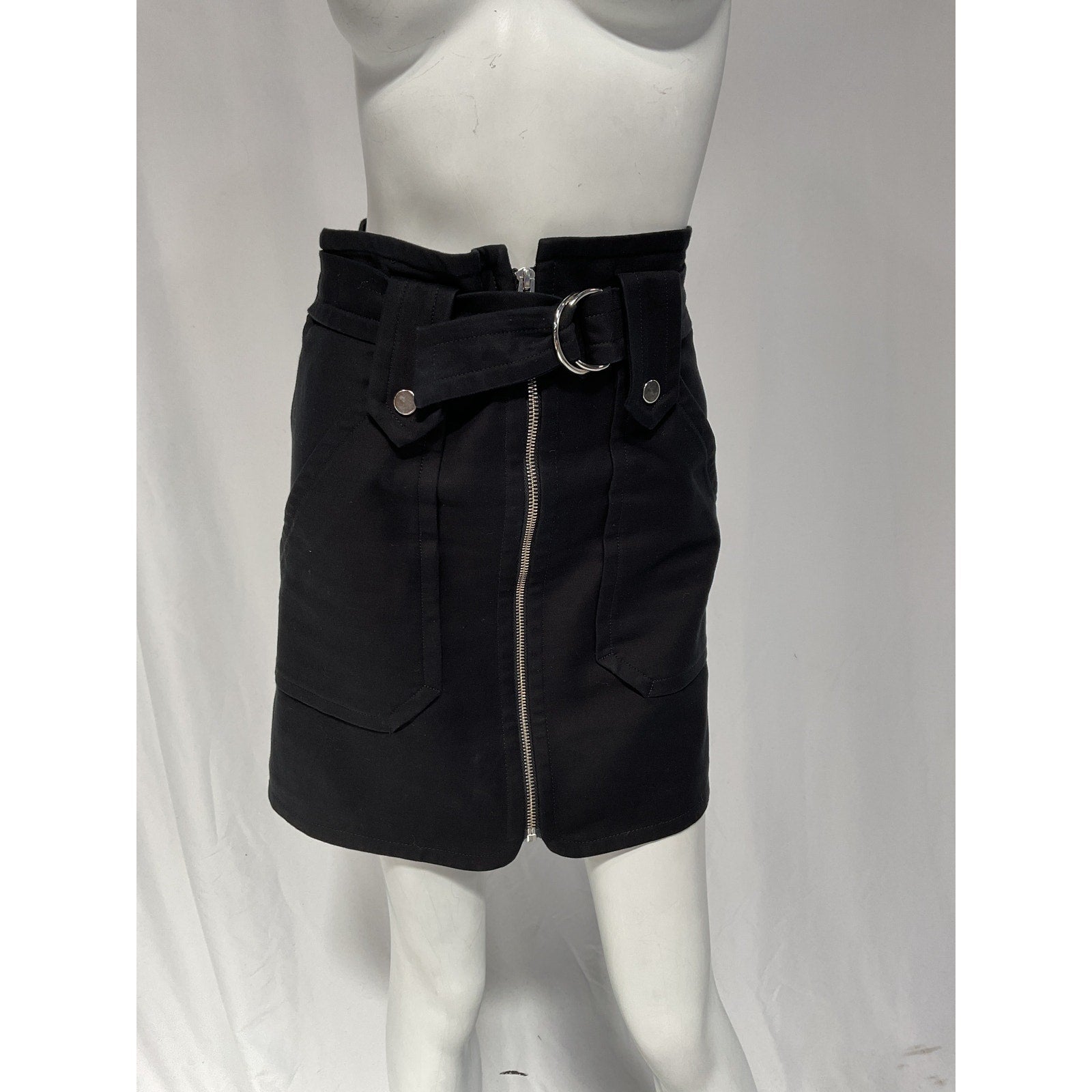 Ba&Sh 'Walter' Black Belted Zip-Detailed Stretch-Cotton Twill Mini Skirt Size XS