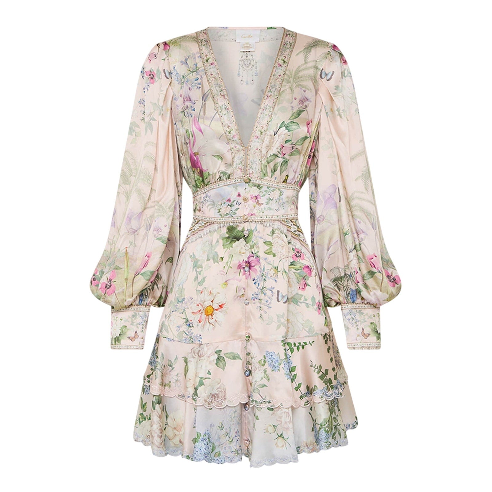 Camilla 'Palacio' Pink Silk Playground Button-Front Frill Shirtdress Size OS