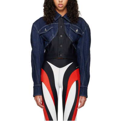 Mugler Cropped Blue Bi Material Corset Jacket Size 36 EU / US 4 NWT