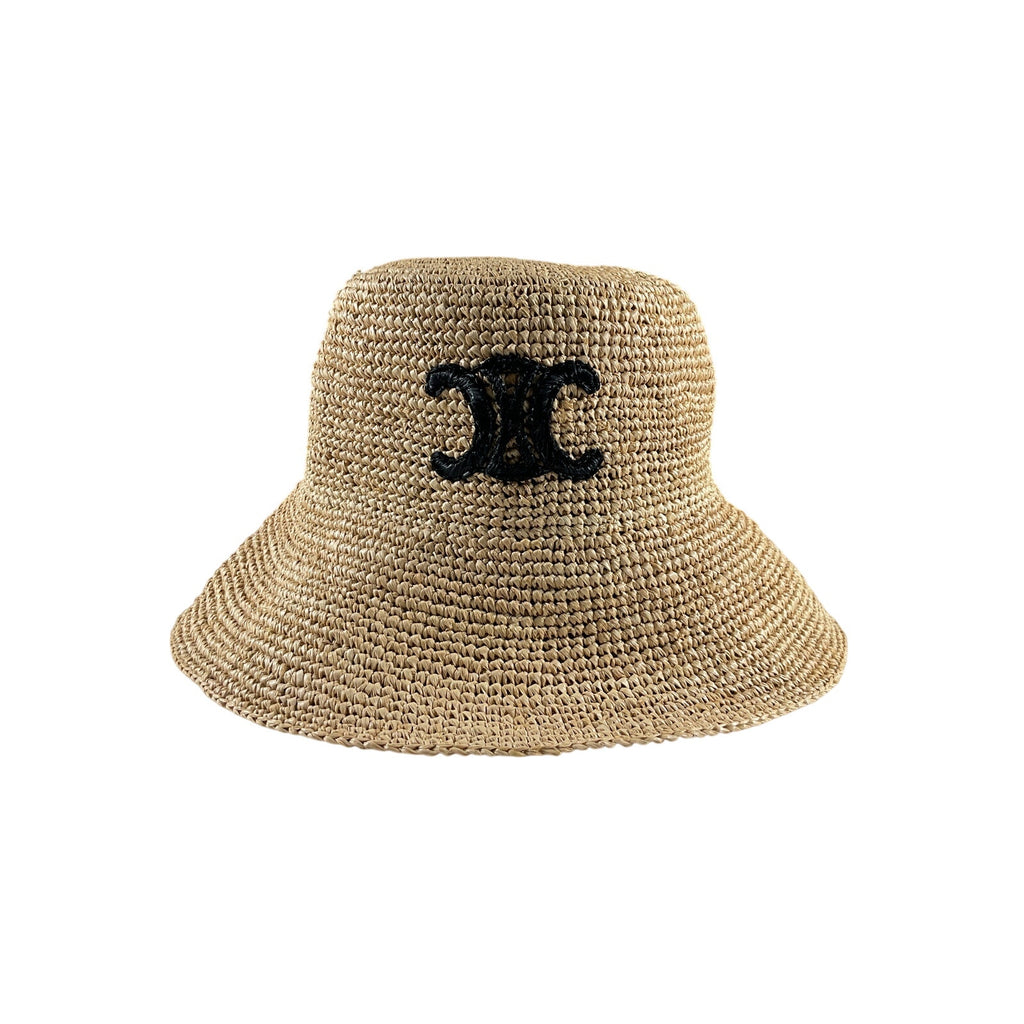 Celine 'Triomphe' Beige Raffia Bucket Hat Size L