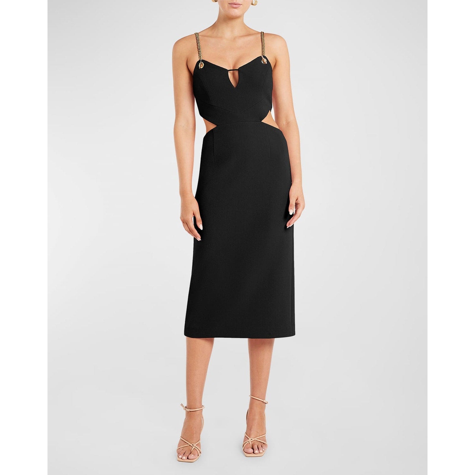 Rebecca Vallance 'Dulce Amore' Black Pencil Gold Chain Strap Midi Dress Size 10