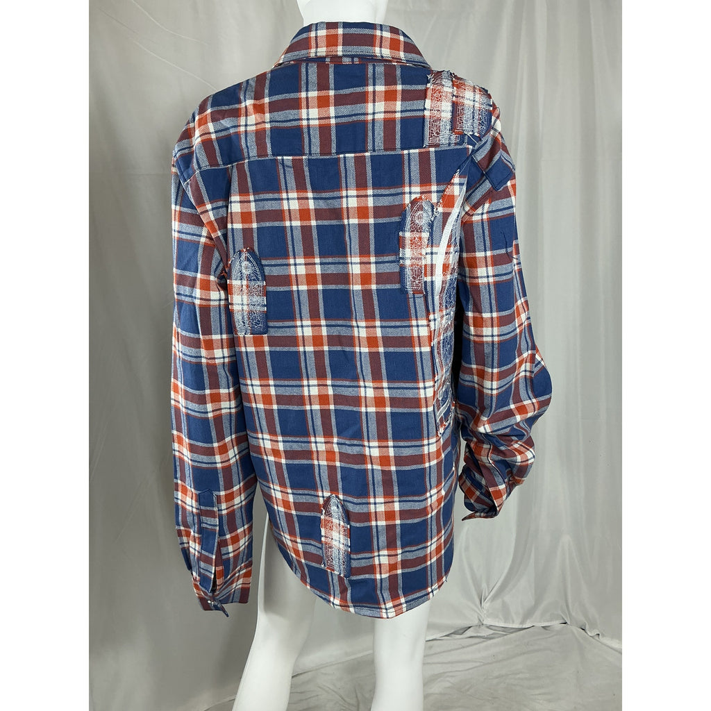 Who Decides War Glory Blue Cotton Patchwork Flannel Shirt Size XL