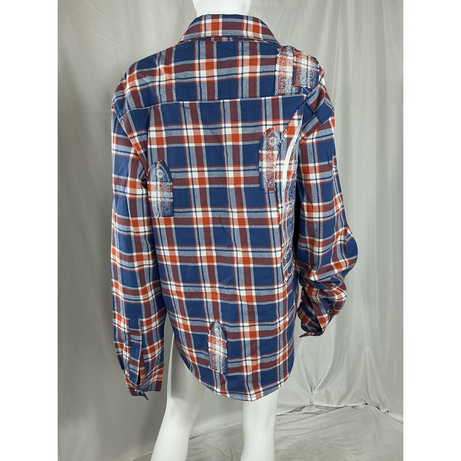 Who Decides War Glory Blue Cotton Patchwork Flannel Shirt Size XL