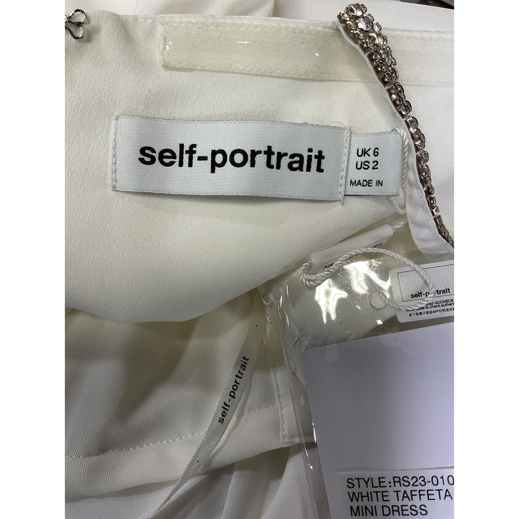 Self-Portrait 'Flared' White Crystal Embellished Sateen Mini Dress Size 2 - NWT