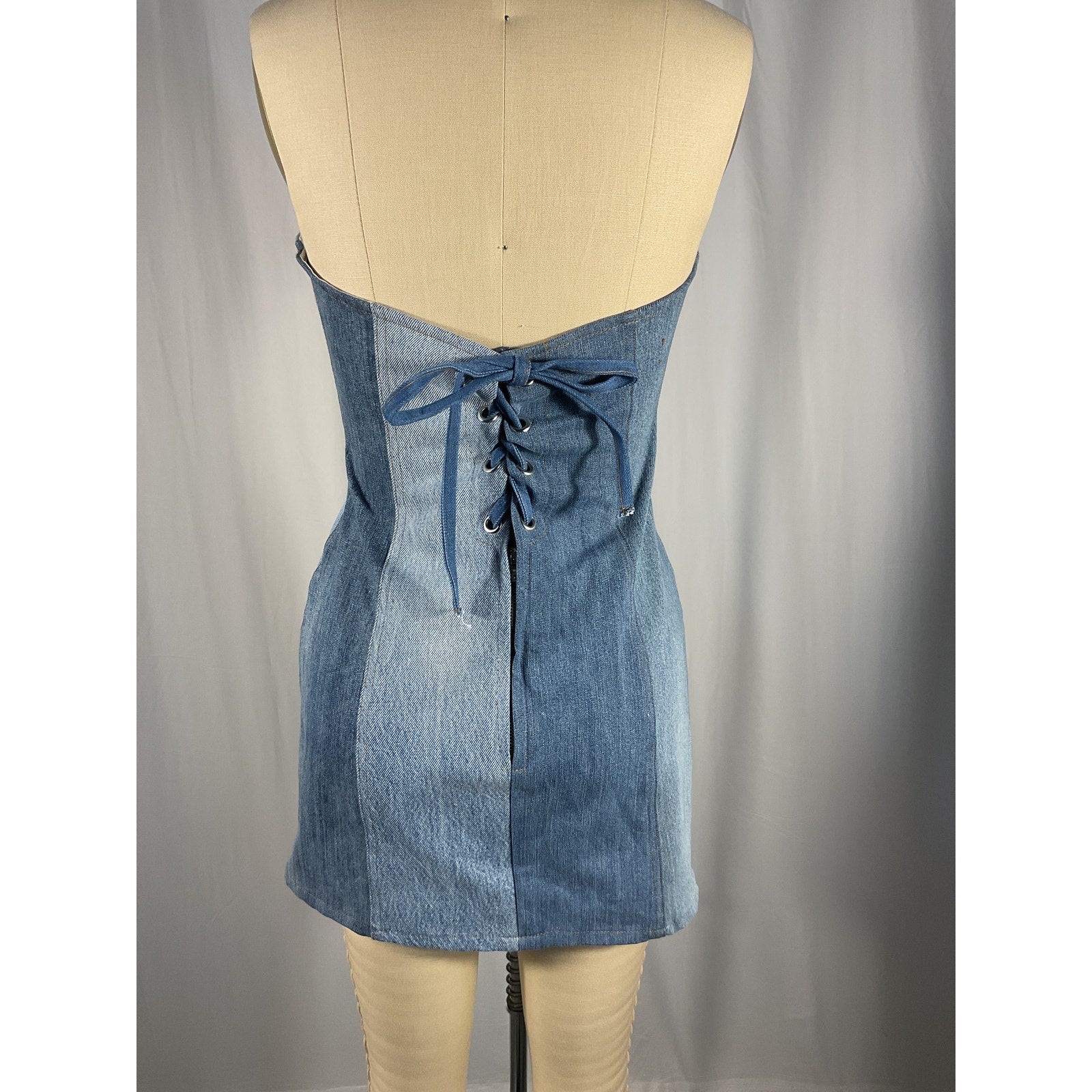 Eb Denim Blue Strapless Mini Patchwork Dress Size M