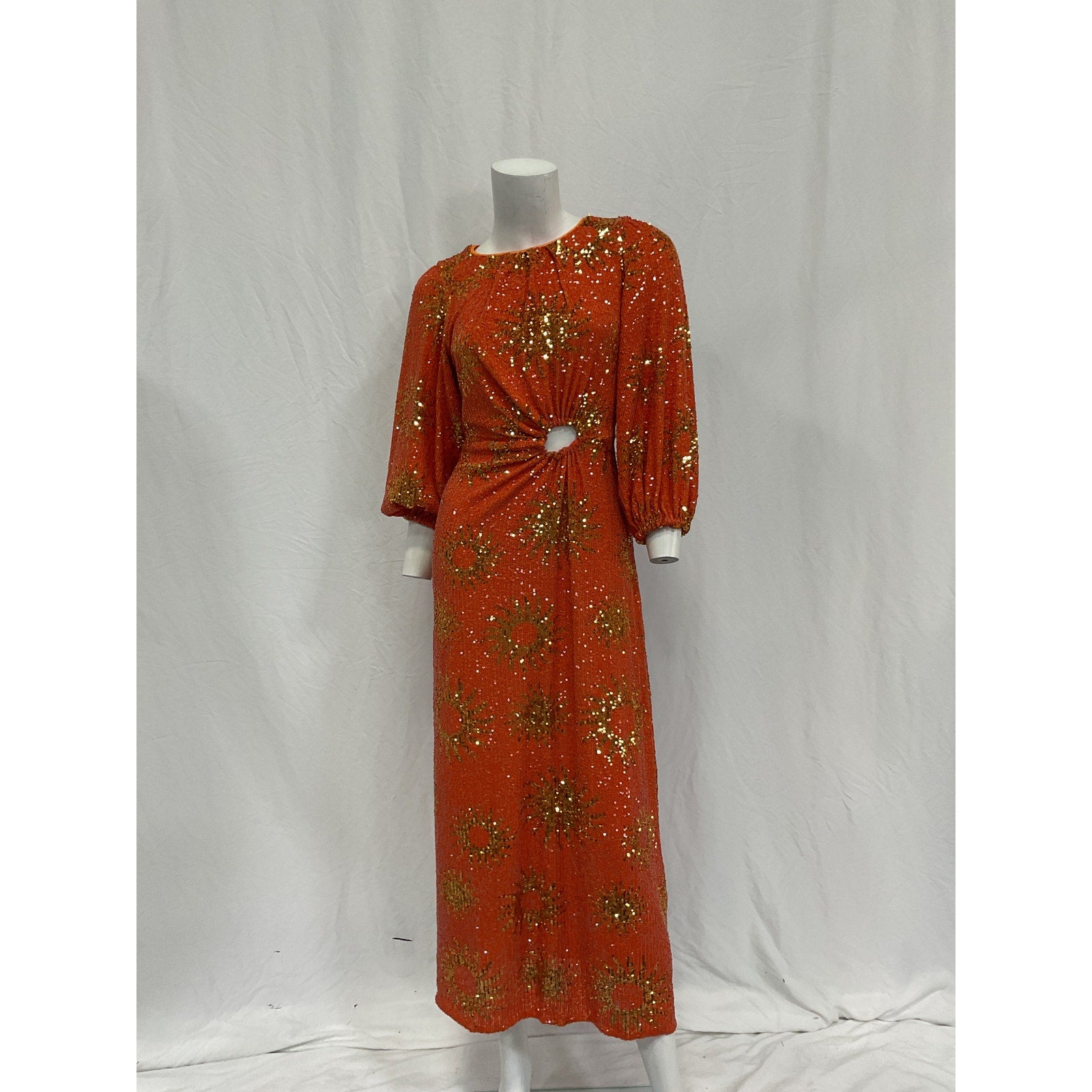 Farm Rio Sunny Mood Sequin Orange Cut-Out Midi-Dress Size XXS