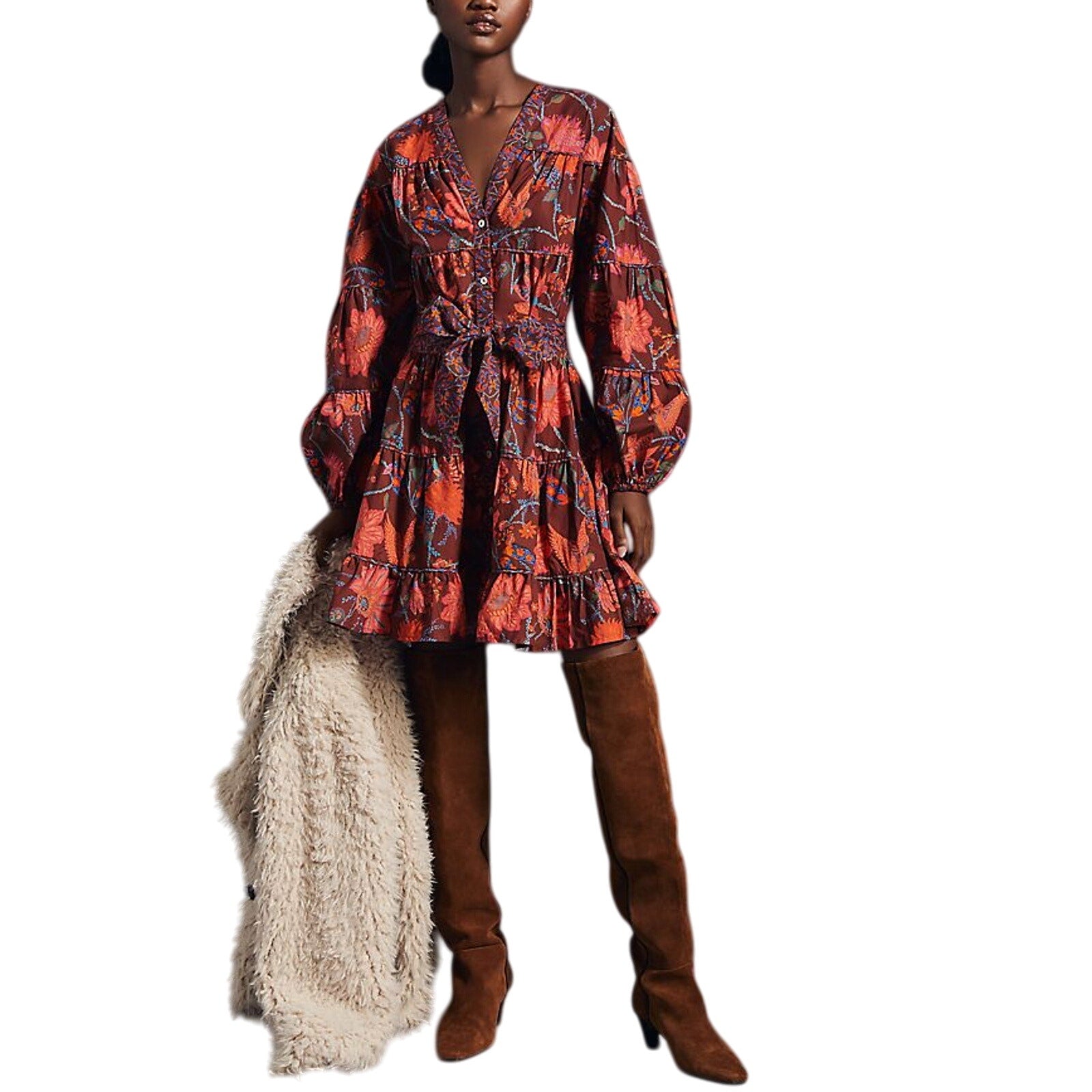Farm Rio Brown Cotton Button-Front Dress Size S