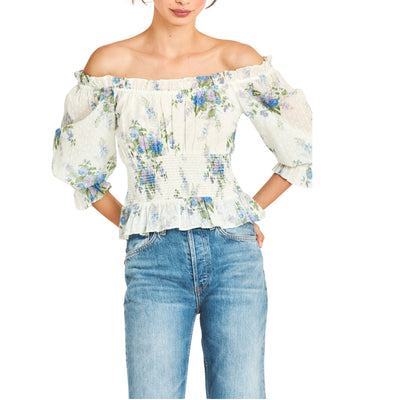 LoveShackFancy Floral Periwinkle Aqua Fifi Blouse Size XS