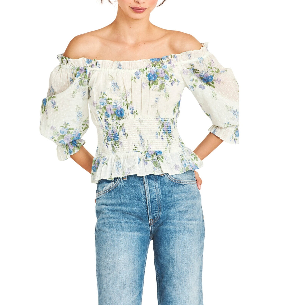 LoveShackFancy Floral Periwinkle Aqua Fifi Blouse Size XS