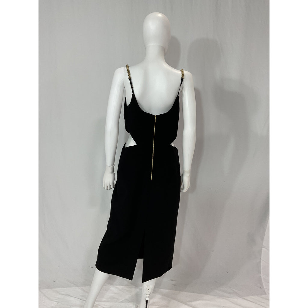 Rebecca Vallance 'Dulce Amore' Black Pencil Gold Chain Strap Midi Dress Size 10