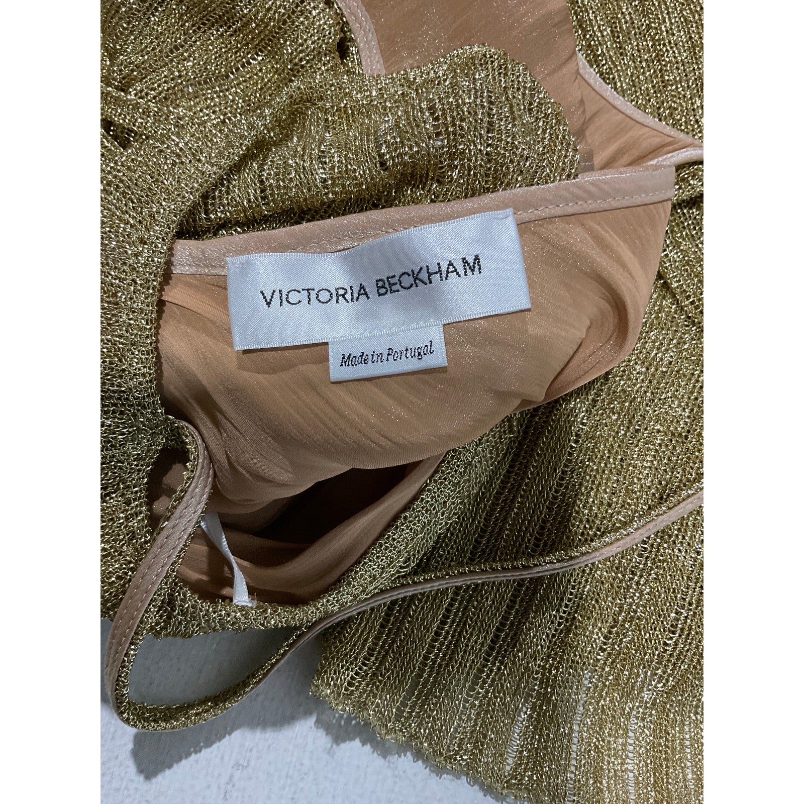 Victoria Beckham Metallic Gold Polyester Ribbed-Knit Maxi Dress Size M