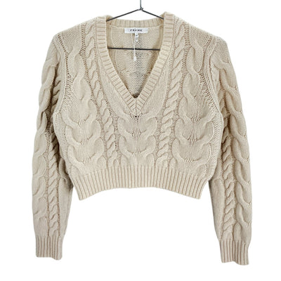 Frame Cropped Beige Cable Knit V Neck Sweater Size S
