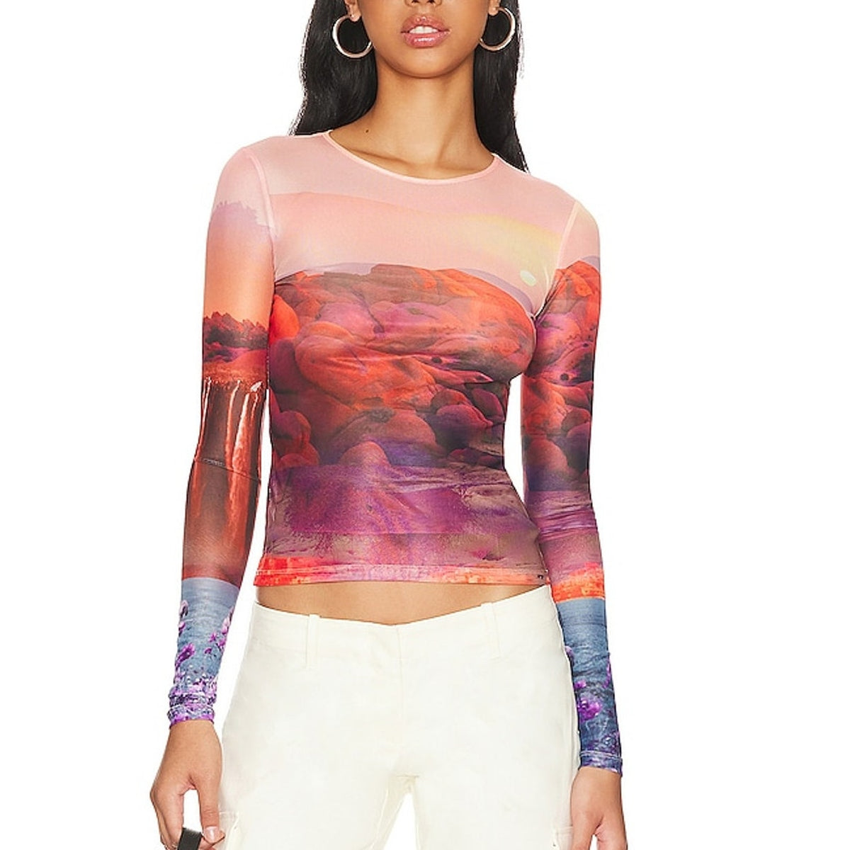 Miaou Sheer Multicolor Oasis Long Sleeve Tee Size XS