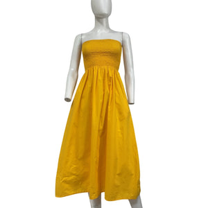 Faithfull The Brand Smocked Yellow Madella Midi Dress Size M
