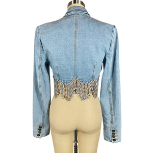 Area Cropped Light Blue Scalloped Crystal Denim Blazer Size 2