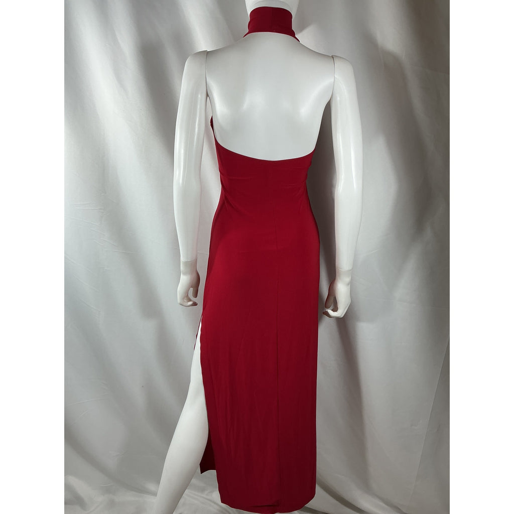 Norma Kamali Halter Red Polyester Turtleneck Side Slit Gown Size XS