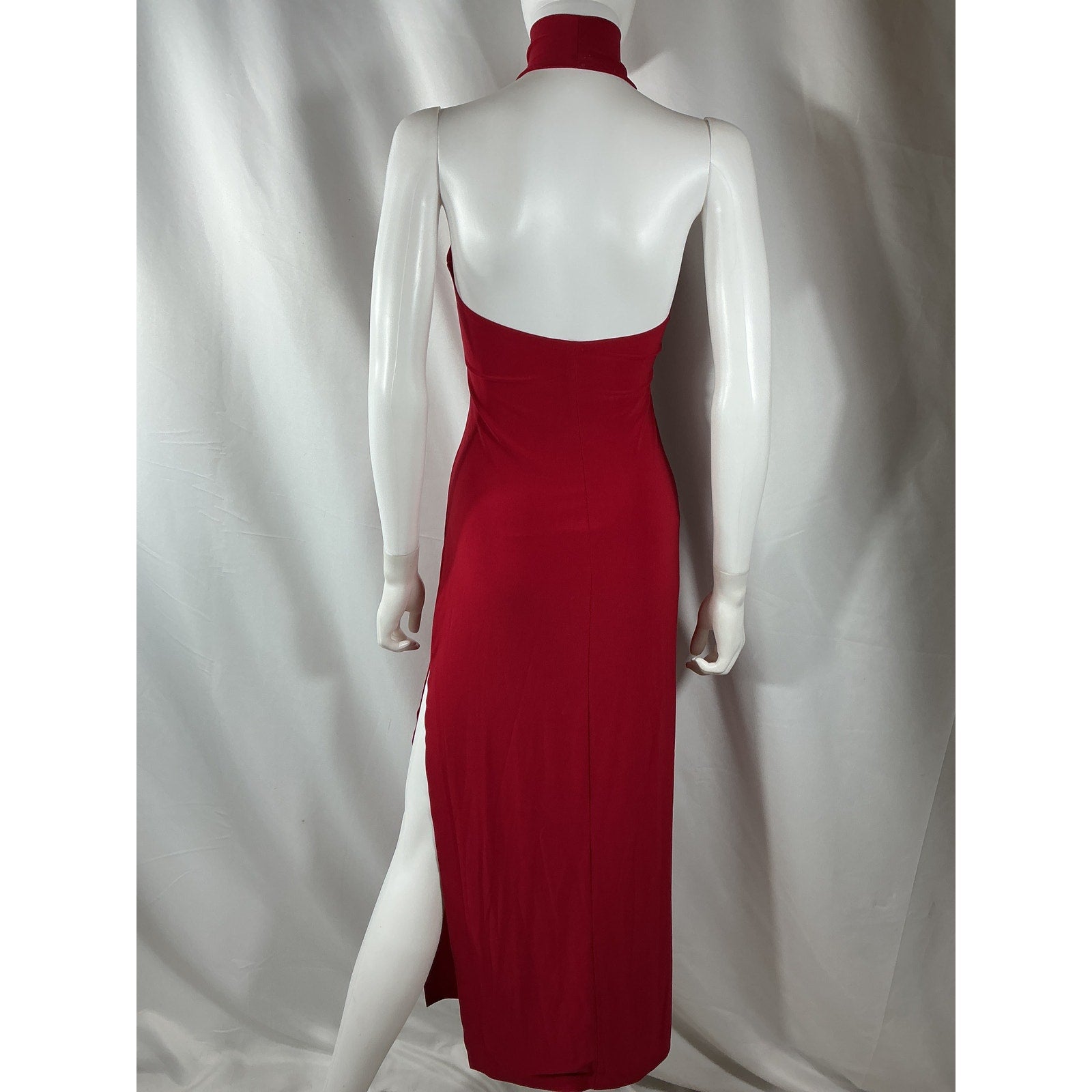 Norma Kamali Halter Red Polyester Turtleneck Side Slit Gown Size XS