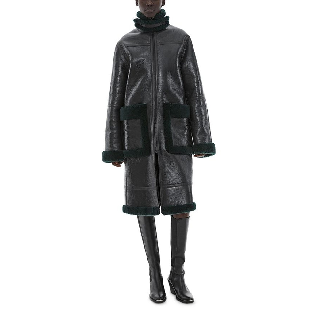 Helmut Lang Green Patent Shearling Coat Size XS