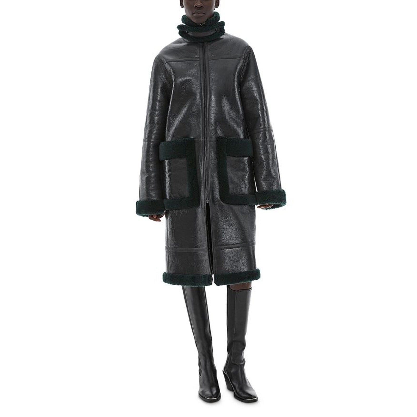 Helmut Lang Green Patent Shearling Coat Size XS