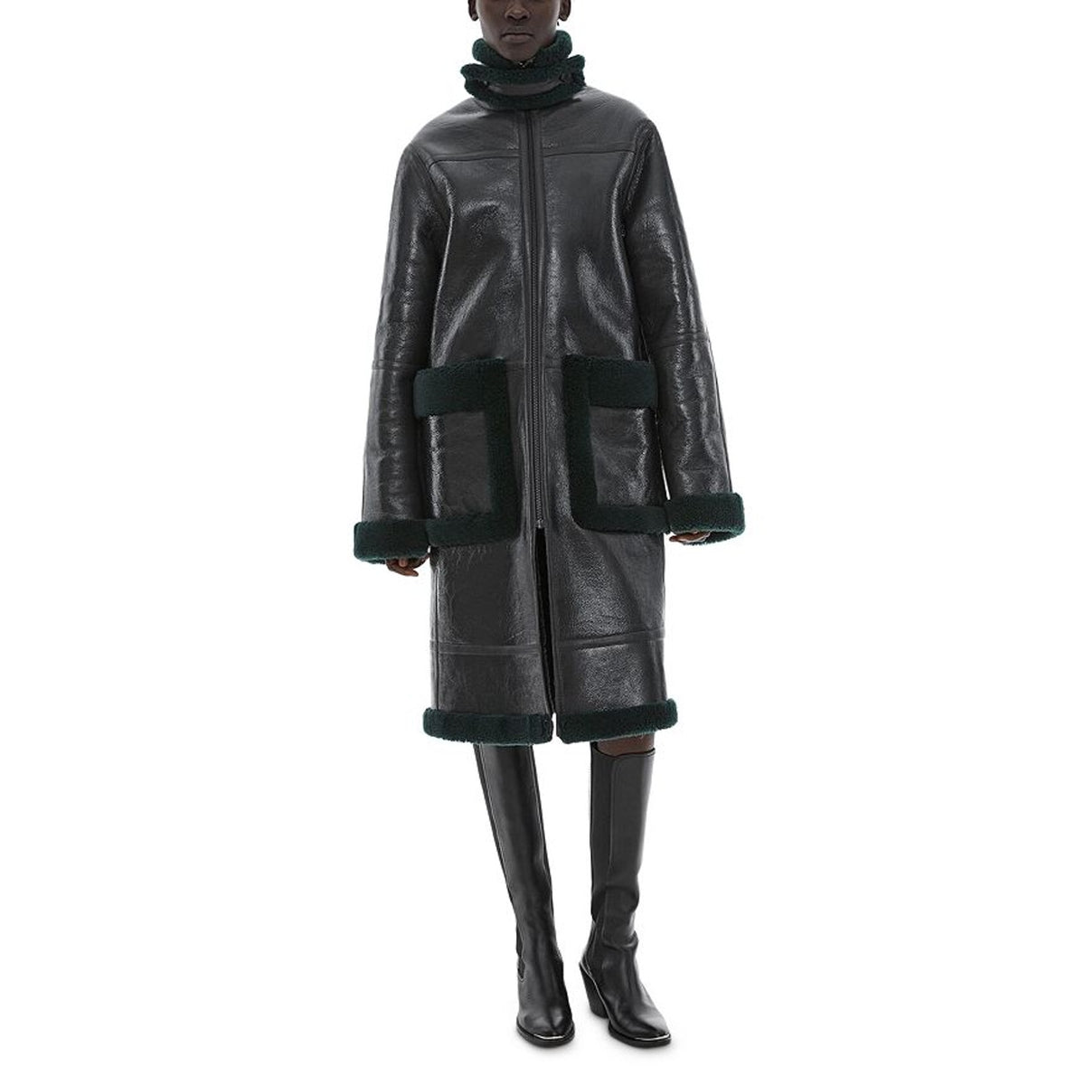 Helmut Lang Green Patent Shearling Coat Size XS