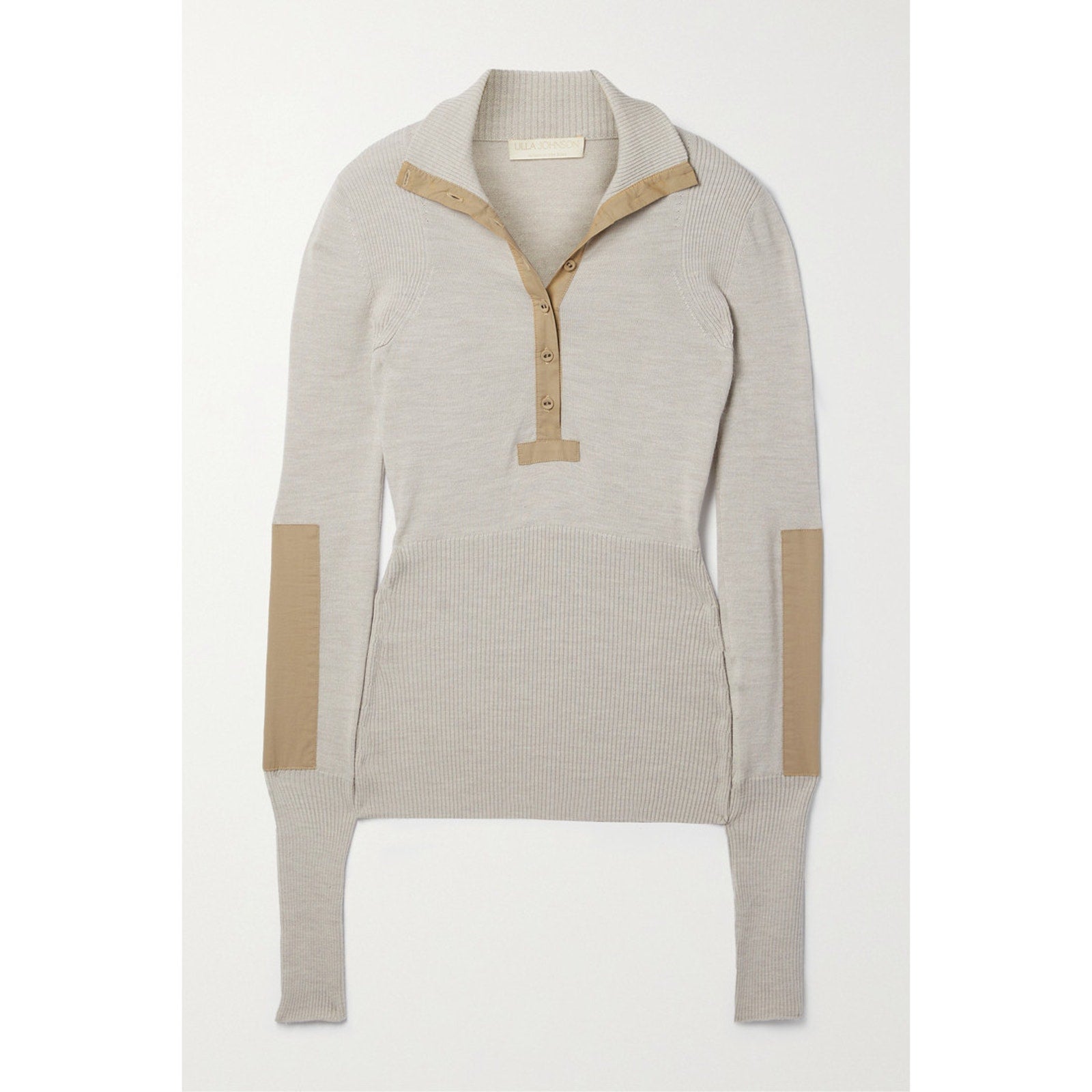 Ulla Johnson 'Drew' Beige Wool Poplin-Trimmed Ribbed Polo Sweater Size S