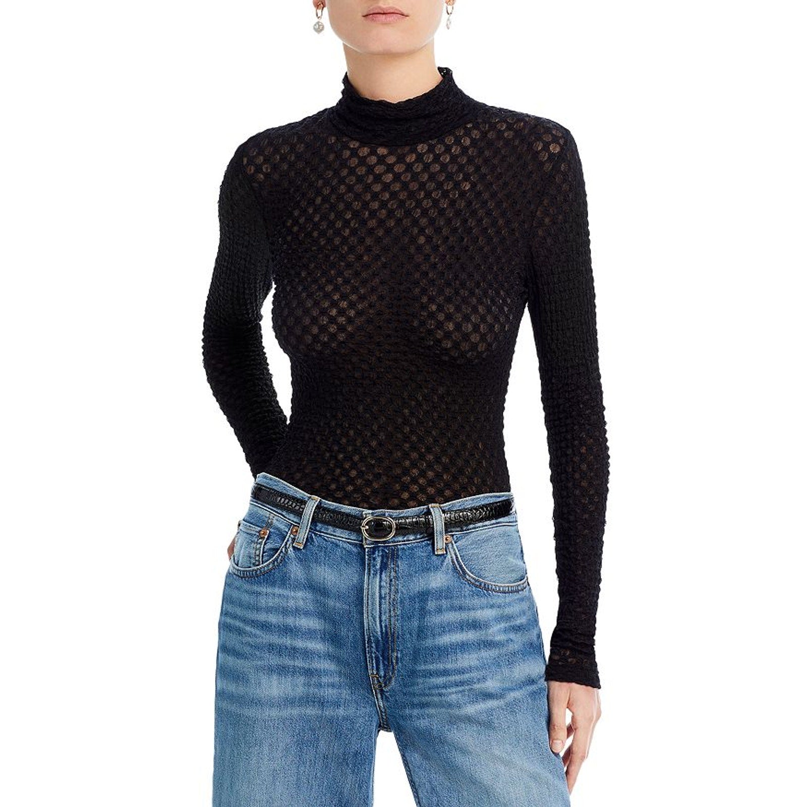 Frame 'Mesh' Black Lace Turtleneck Top Size S