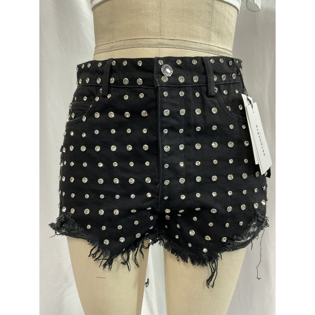 Retrofete 'Angel' Black Denim Crystal Embellished Jean Short Size 27 - NWT
