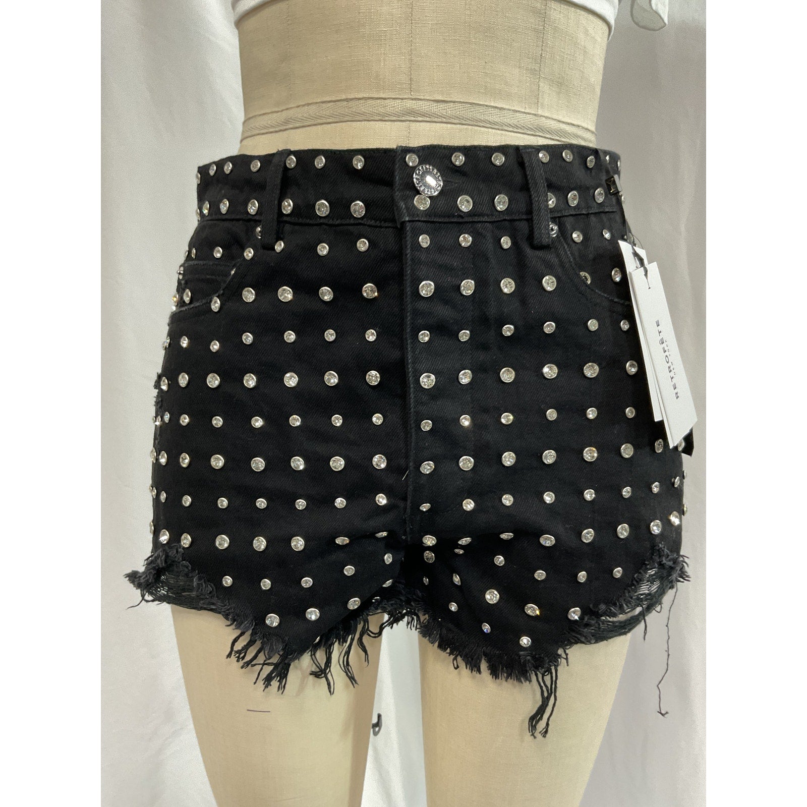 Retrofete 'Angel' Black Denim Crystal Embellished Jean Short Size 27 - NWT