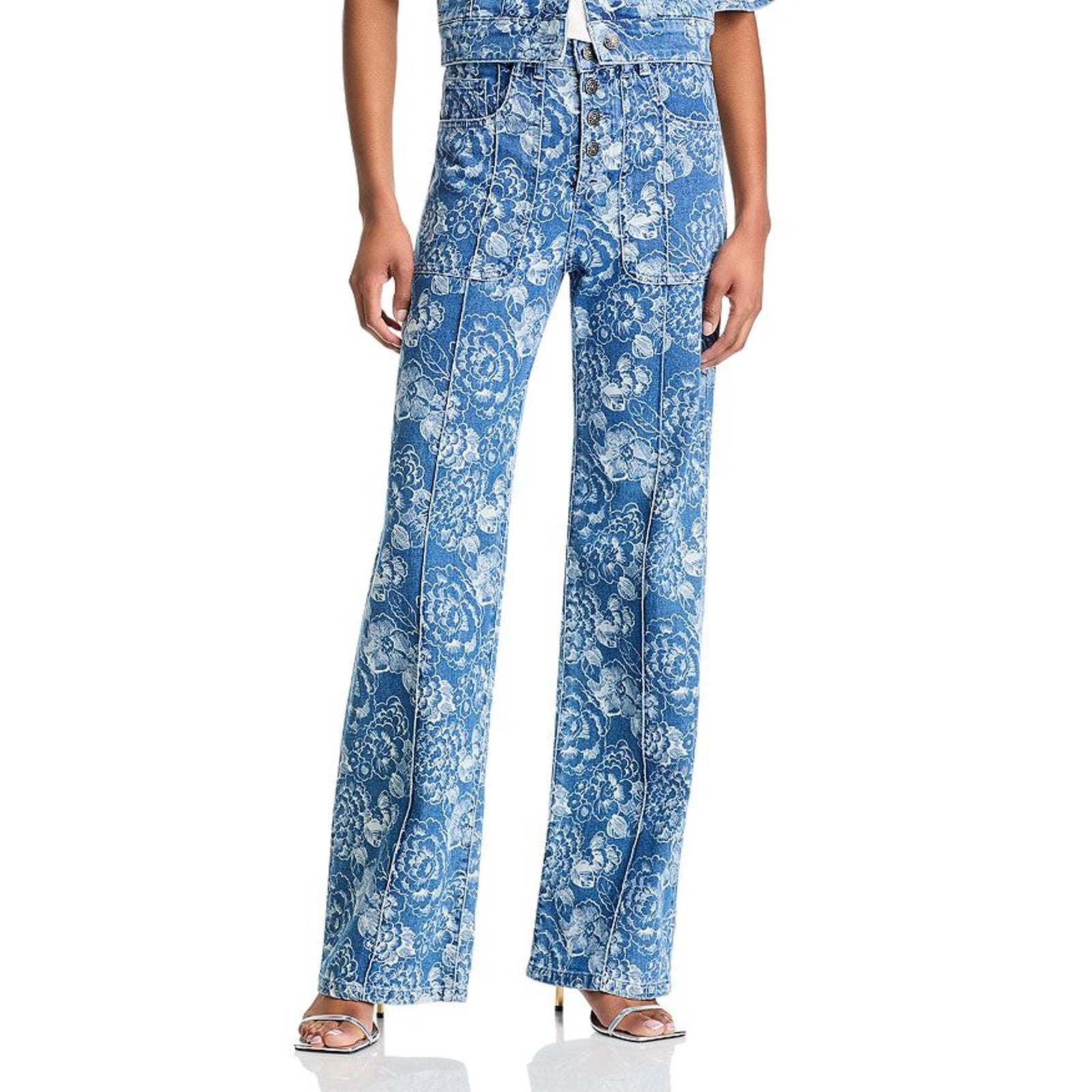 Cinq A Sept 'Sketchbook' Blue Cotton Floral Vivian High Rise Jeans Size 0