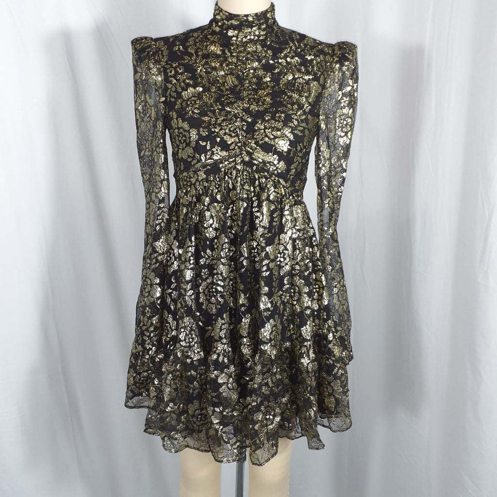 Rebecca Vallance 'Clementine' Gold Nylon Long Sleeve Mini Dress Size 2