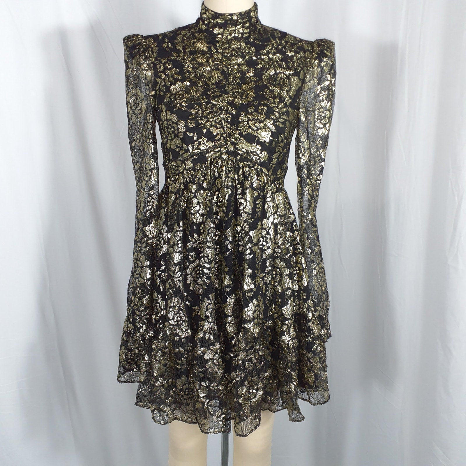 Rebecca Vallance 'Clementine' Gold Nylon Long Sleeve Mini Dress Size 2