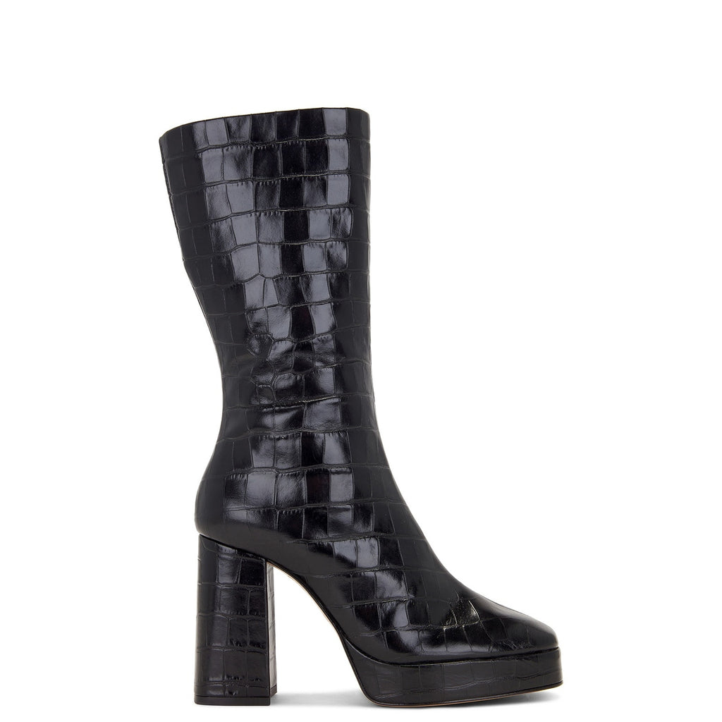 Schutz 'Raf' Black Leather Crocodile Embossed Square Toe Block Heel Boot Size 7.5