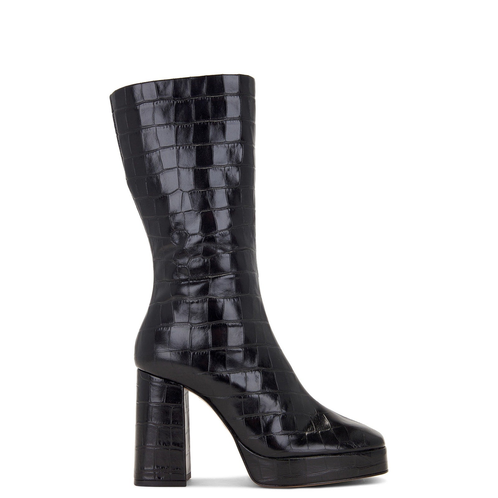 Schutz 'Raf' Black Leather Crocodile Embossed Square Toe Block Heel Boot Size 7.5