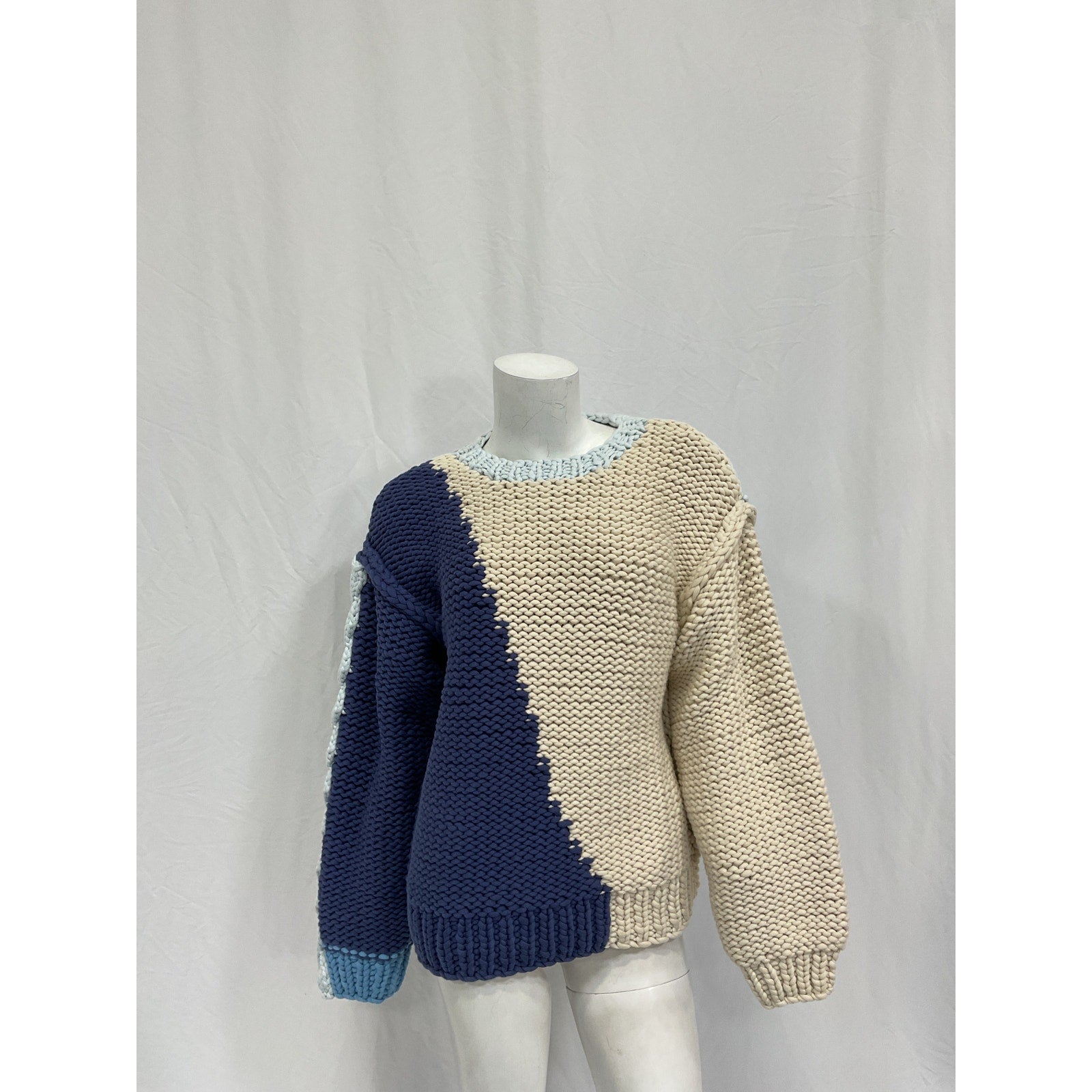 Loveshackfancy 'Isaiah' White Cotton Oversized Color-Block Cotton-Blend Sweater Size XS