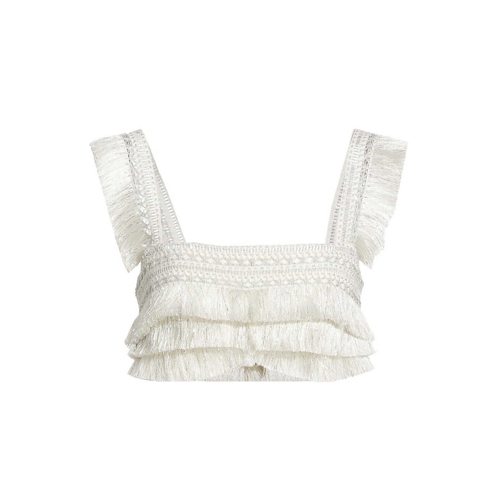 Patbo Cropped Metallic Silver Fringe Top Size 2