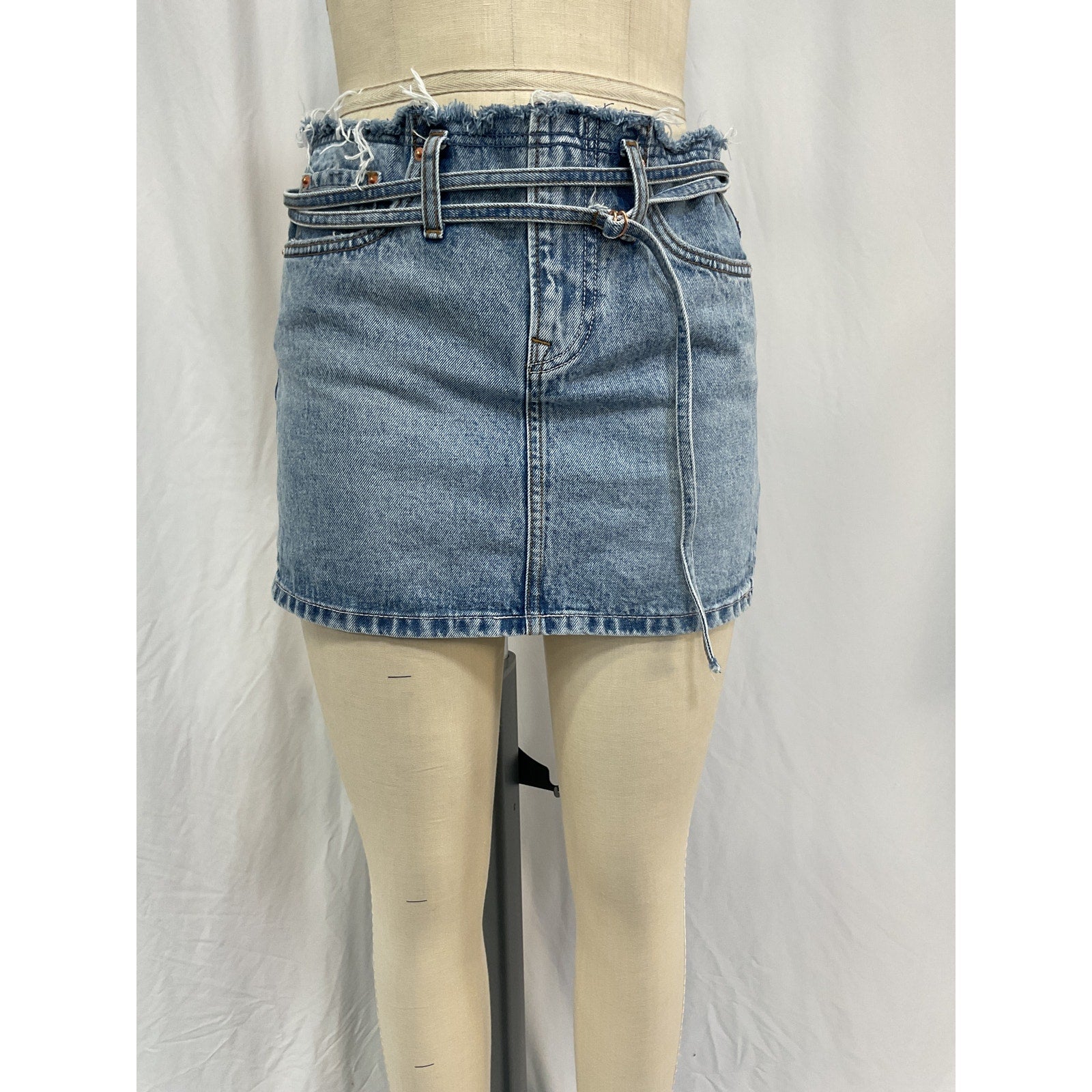 Grlfrnd 'Tali' Blue Cotton Belted Frayed Waist Mini Skirt Size 26