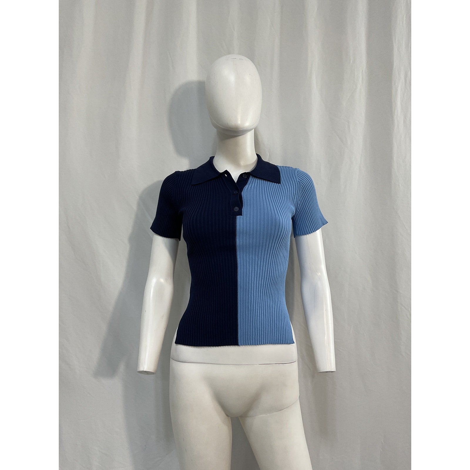 Staud 'Brice' Blue Viscose Two-Tone Ribbed-Knit Top Size S