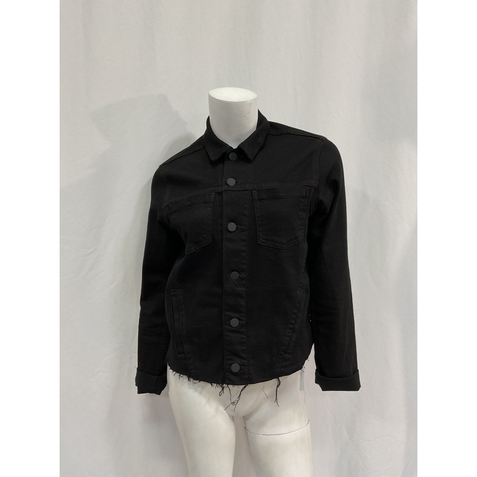 L'Agence 'Janelle' Black Cotton Slim-Fit Raw-Hem Denim Jacket Size L