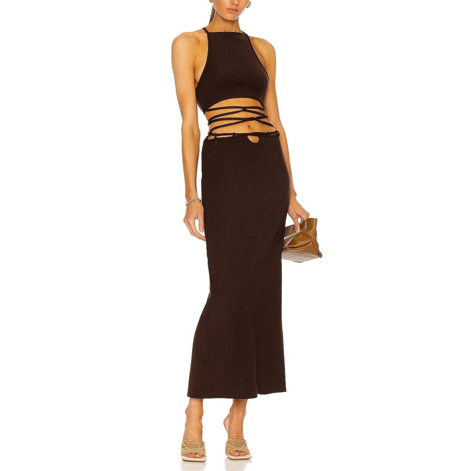 Christopher Esber 'Wrapped' Brown Back Cut Out Interlock Tie Halter Dress Size 2