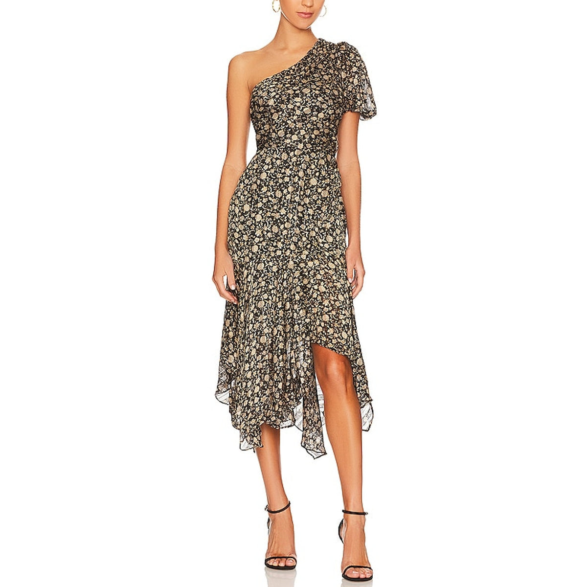 Astr The Label 'Santorini' Black One Shoulder Chiffon Puff Sleeve Midi Dress Size M