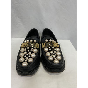 Moschino Pearl & Logo Leather Loafers - Size 7