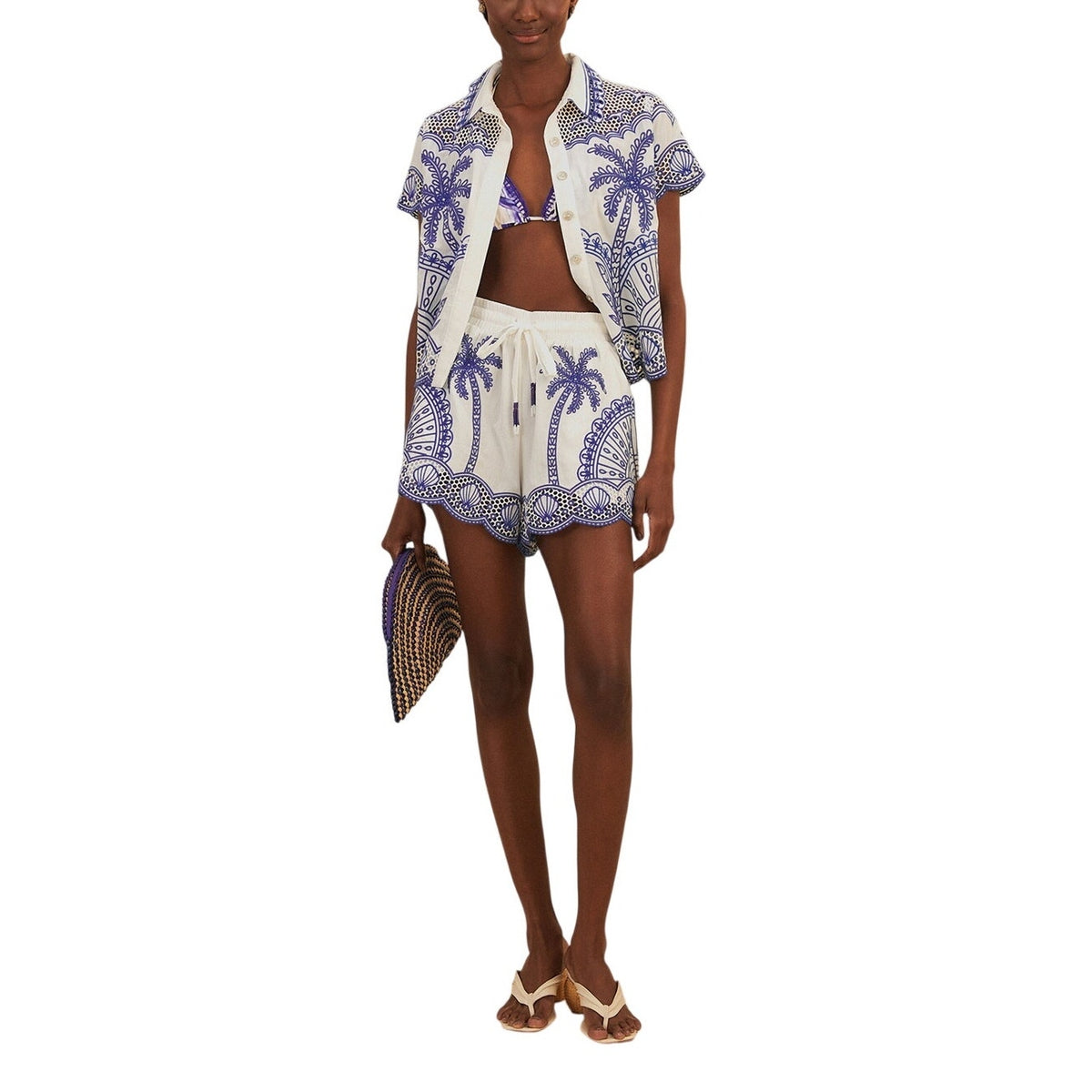 Farm Rio Embroidered Blue Palm Trees Richelieu Shorts Size M
