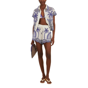 Farm Rio Embroidered Blue Palm Trees Richelieu Shorts Size M