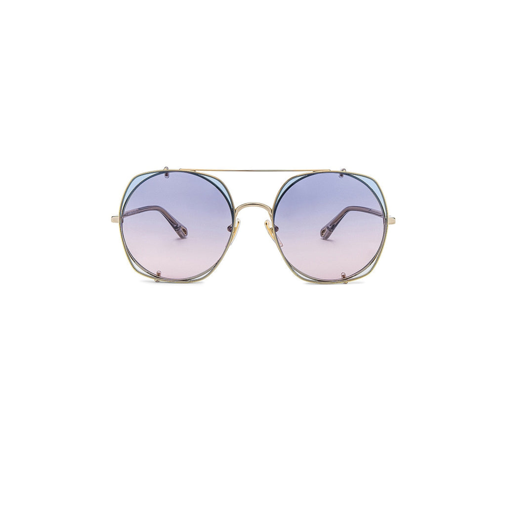 Chlo� 'Demi' Blue Round Sunglasses Gradient With Square Clip On Size OS