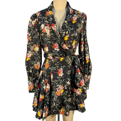 Zimmermann Printed Black Floral Linen Wrap Mini Dress Size US Small (4)