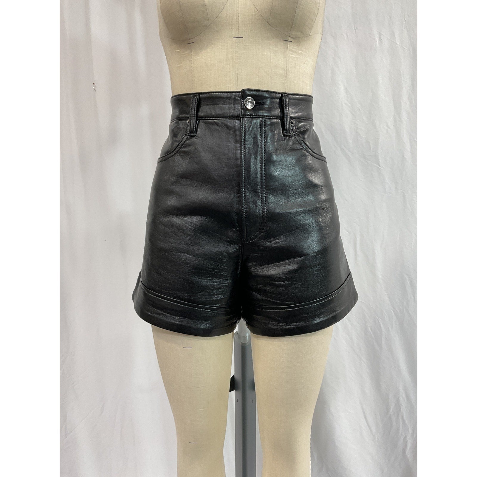 Agolde 'Recycled' Black Leather Angled Hem Short Size 29